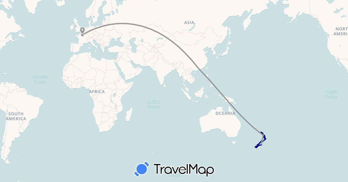 TravelMap itinerary: driving, bus, plane, boat in China, France, New Zealand (Asia, Europe, Oceania)